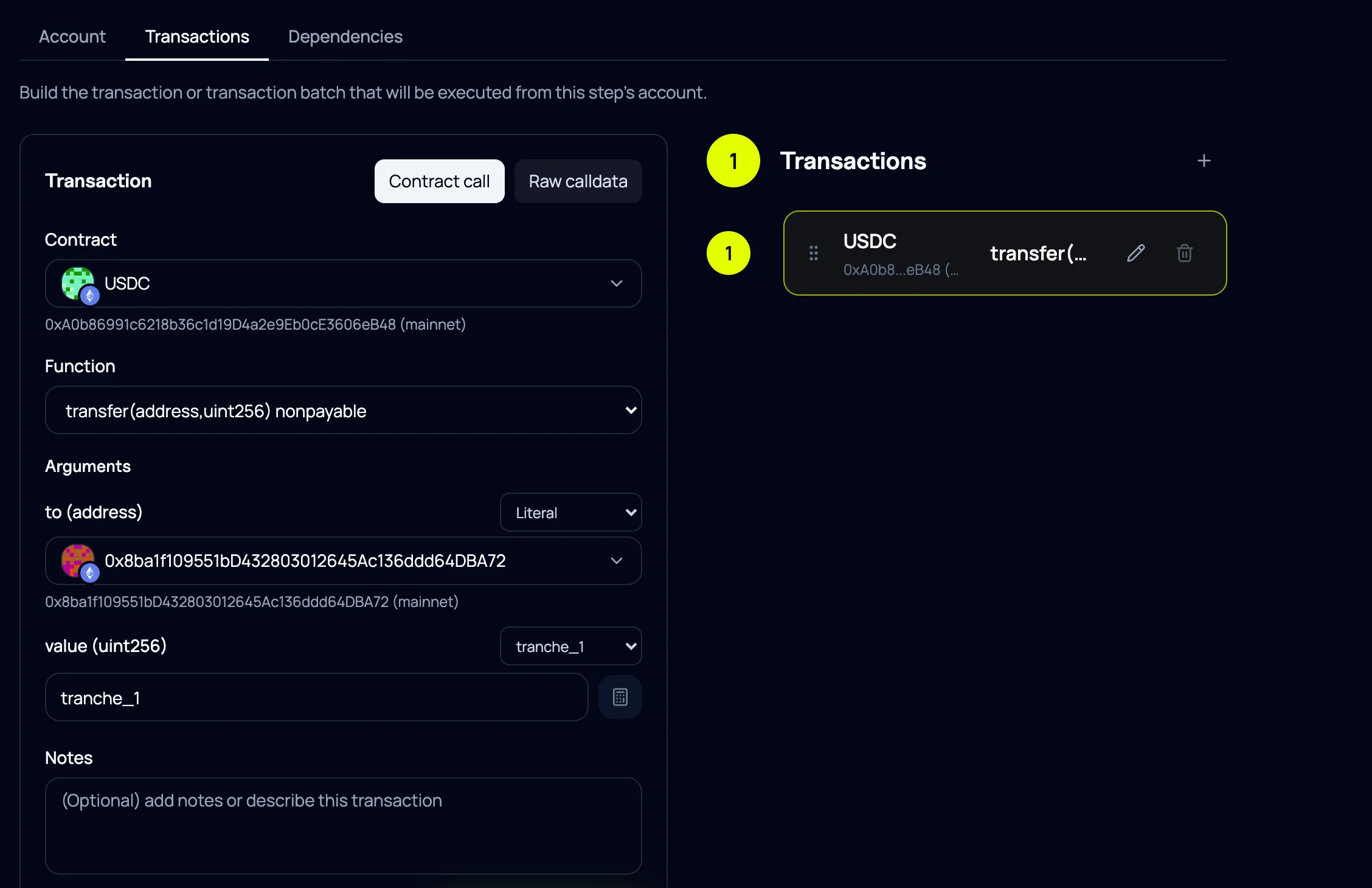 Sanitized txcast step editor showing an execution account and transaction configuration